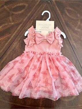MADISON LAYNE NWT Girls Butterfly Tulle Dress/Matching Headband Size 6/9 Months